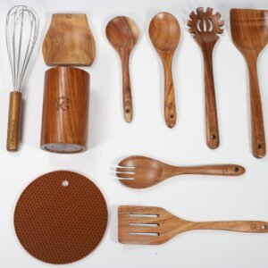 10-Pc Natural Teak Wooden Kitchen Utensil Set with Holder & Mat.